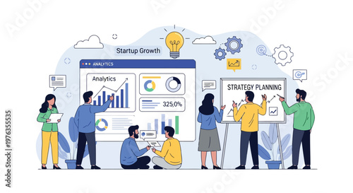 Illustration of startup growth and strategy planning with analytics and teamwork, people collaborating on business development and innovation