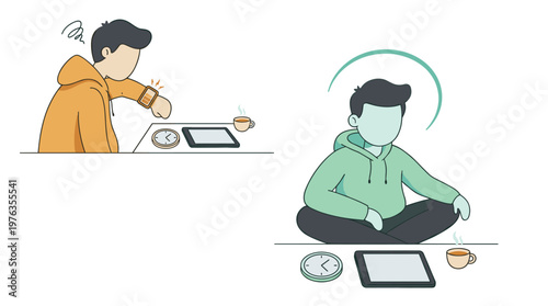 A two-panel illustration contrasts a stressed man anxiously checking his watch with a serene man peacefully meditating, showing a transition to mindfulness.