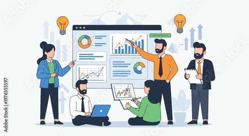 Illustration of business professionals in a startup meeting, discussing analytics and strategy planning with charts and graphs on a screen, isolated on