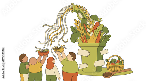 A large, ornate vessel overflows with fresh vegetables and grains, magically pouring noodles into bowls held by a diverse community celebrating a food share.
