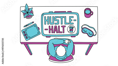 A tired creative professional takes a break from work, resting at a vibrant desk with a HUSTLE-HALT sign, a sleep mask, and a graphics tablet.