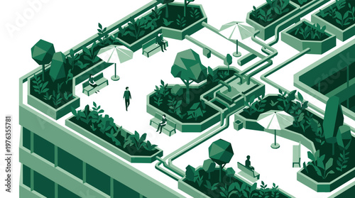 People relax and socialize in a lush green rooftop garden on a modern sustainable building, featuring trees, benches, and umbrellas in an isometric illustration.
