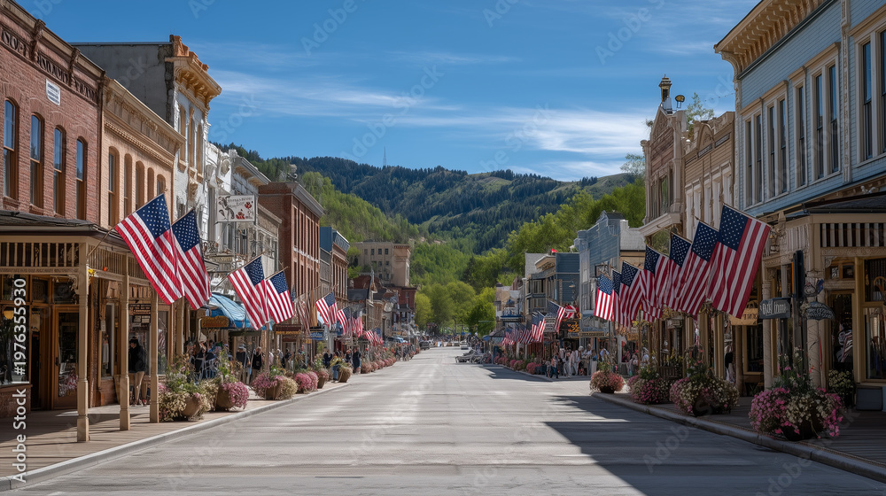 Fototapeta premium Wide establishing shot of a Memorial Day parade down a small-town main street, flags lining storefronts and crowds waving from sidewalks under clear blue May sky, ideal for patriotic tradition, comm