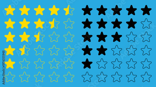 Star rating, review, feedback, rating scale, five star system showing filled, half and outline stars. Customer rating icons for user review, score, evaluation and feedback interface design.