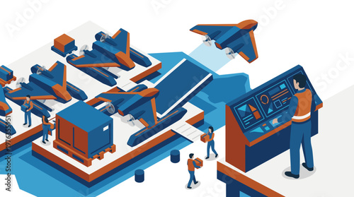 In a bustling futuristic hangar, diligent workers manage an assembly line for advanced unmanned aerial vehicles while a controller oversees a launch from a console.