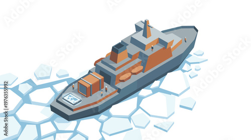 A powerful low-poly icebreaker ship with orange accents carefully navigates through a vast, stark white field of fractured ice floes in a polar environment.