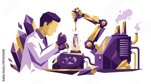 A dedicated scientist in a lab coat collaborates with a precise robotic arm to mix chemicals in a futuristic laboratory surrounded by geometric purple crystals.