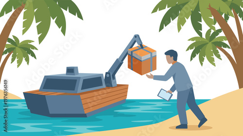 A person on a sandy tropical beach with lush palm trees accepts a large orange package being delivered by a crane from a small boat on turquoise water.