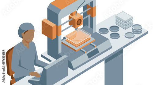 A focused medical researcher in scrubs operates a computer controlling a sophisticated 3D bioprinter meticulously fabricating tissue layers in a sterile lab setting.