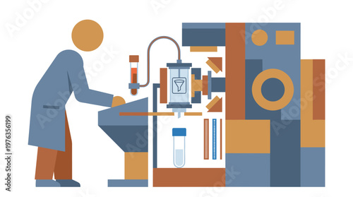 A minimalist illustration depicts a faceless scientist in a blue lab coat operating a complex industrial machine for chemical processing in a clean, simple style.