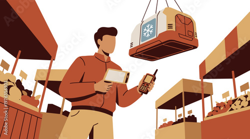 A diligent logistics manager uses a handheld tablet and radio to coordinate the delivery of a refrigerated shipping container at a bustling outdoor market stall.