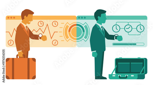 A comparative illustration shows a stressed businessman overwhelmed by chaotic time management versus a calm professional with an organized and efficient digital workflow.