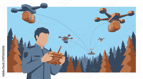 A skilled operator uses a remote control to manage a fleet of autonomous delivery drones carrying packages over a vast and remote pine forest for efficient delivery.