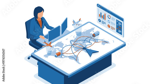 A professional female logistics coordinator meticulously plans global shipping routes for airplanes and trucks on a large interactive digital map from her modern office desk.