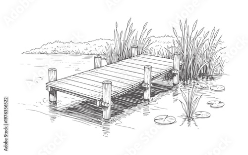 Wooden dock extending into calm water with reeds and lily pads