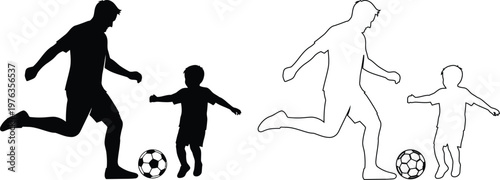 Adult and child playing soccer together in silhouette style
