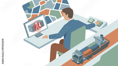 A meticulous logistics manager tracks a refrigerated shipping container's temperature on his computer, overseeing a complex supply chain with a cargo ship and truck.