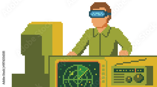 A retro pixel art character wearing futuristic VR goggles operates a vintage computer console with a glowing green radar screen in a classic 8-bit style.