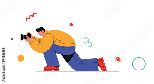 Photographer, illustration of a man taking pictures, yellow jacket, blue jeans, colorful abstract shapes, vector graphic
