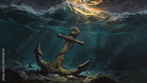 The sea rages around the anchor; the waves roll in and foam. Cinematic underwater animation. A looping animation in the style of vintage paintings. AI-generated animation