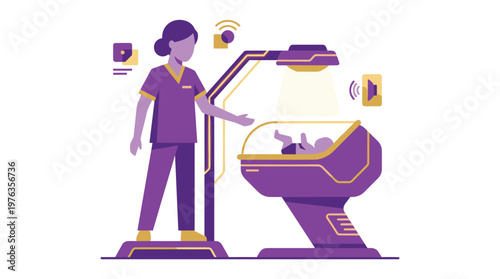 A dedicated female nurse in vibrant purple scrubs carefully monitors a newborn infant resting inside a futuristic neonatal incubator under a soft, glowing light.