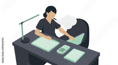 An overwhelmed woman sitting at a dark desk with multiple tablets and electronic devices sighs heavily, expressing burnout and fatigue from excessive screen time.