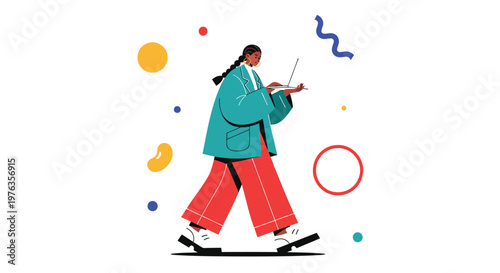 Colorful illustration of a woman playing violin, music notes and shapes around her, modern vector graphic
