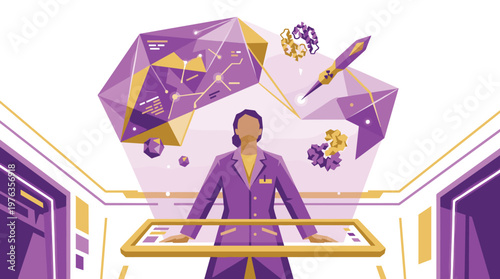 A visionary female scientist in a purple lab coat interacts with a vast holographic interface displaying complex geometric data, molecules, and a rocket ship.