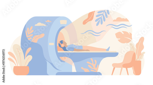 A calm patient wearing headphones undergoes a meticulous diagnostic procedure inside a modern MRI scanner amidst a serene, stylized clinic with soft pastel foliage.