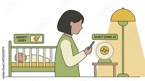 A mother uses a smartphone to monitor her sleeping baby via a smart crib and a quiet-zone AI sound machine, creating a peaceful nursery environment.