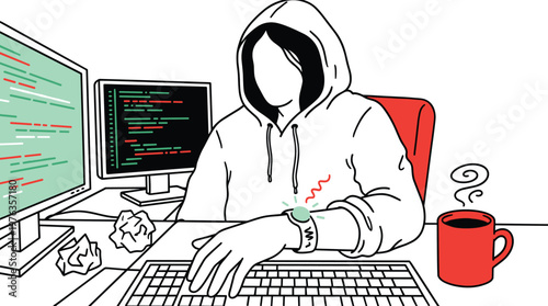 A focused, anonymous coder in a hoodie types diligently at a messy desk with multiple monitors while a smartwatch on their wrist flashes a critical red alert.