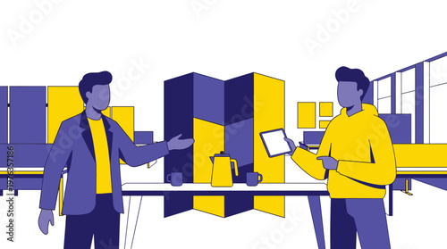 Two professional colleagues in a contemporary office setting actively discuss a project, with one gesturing while the other holds a glowing digital tablet.