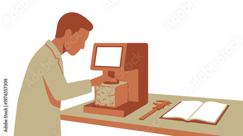 A focused scientist in a clean laboratory environment operates a specialized machine to test the physical properties of a material sample on a workbench.
