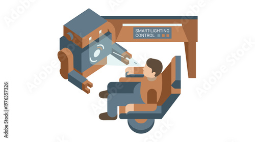 A sophisticated robotic arm performs a precise medical or cosmetic procedure on a patient seated comfortably in a chair, showcasing advanced smart automation.