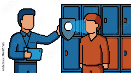 A security officer in a blue uniform conducts a high-tech biometric retinal scan on an individual using a portable device in front of school or gym lockers.