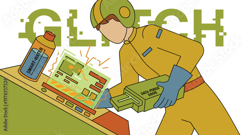 A retro-futuristic technician in a green helmet and yellow suit inserts a data-purge drive into a sparking, glitching computer console with a bottle of smart-water.