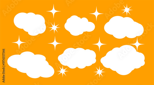 Whimsical White Clouds and Stars Pattern on Bright Orange Background Decorative Wallpaper