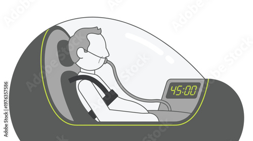 A person undergoes a hyperbaric oxygen therapy session inside a sleek, futuristic pod, wearing a breathing mask with a digital timer displaying forty-five minutes.