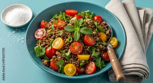 a bowl of salad with tomatoes and greens on a table