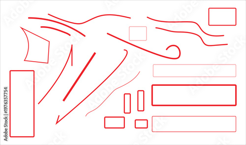 Abstract red hand-drawn lines and geometric boxes on white background.