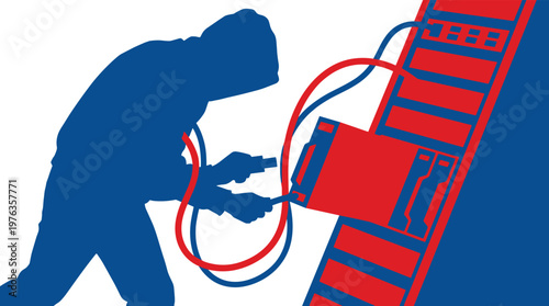 A dramatic silhouette in bold red and blue depicts a hooded cybercriminal cutting wires on a server rack, illustrating a concept of data breach and sabotage.