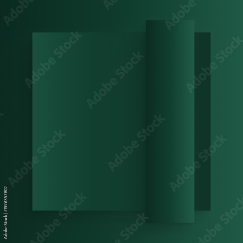 Abstract geometric dark green background with vertical cylinder shape and layered square composition, minimalist gradient modern design, clean geometry, digital backdrop