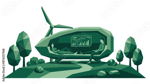 Two individuals relax inside a futuristic, angular living pod equipped with a data screen, sustainably powered by a wind turbine in a serene, low-poly park.