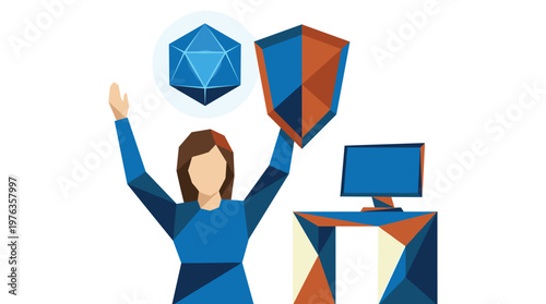 A triumphant woman in a blue geometric outfit raises a protective shield and a floating icosahedron, symbolizing robust digital security next to her computer.