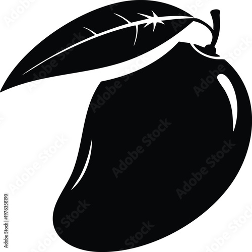 Black and white silhouette of a mango with a single leaf fruit