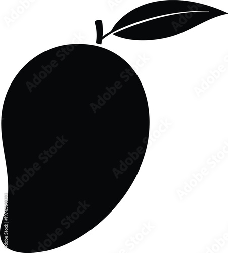 Silhouette of a black mango fruit with a single leaf attached
