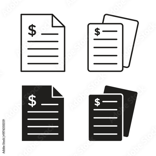 Bank statement icon collection. Black Line stroke silhouette style icons