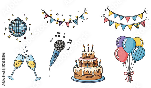 Hand drawn party doodle vector set birthday celebration festive icons