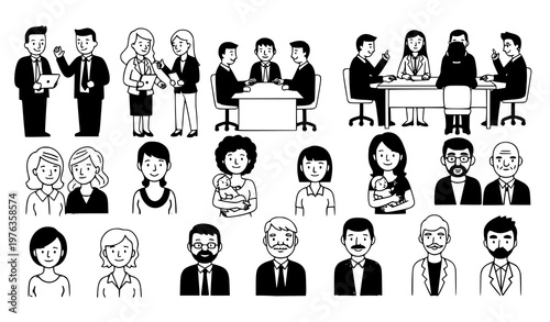 Doodle people vector set funny characters diverse activities office workers