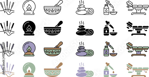 Wellness Spa and Traditional Therapy Icons Set for Health and Relaxation